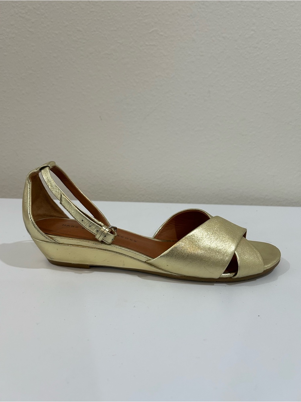 Marc Jacobs Gold Leather Shoes Open-Toe Wedge Sandal, Size US 9.5, IT 39.5